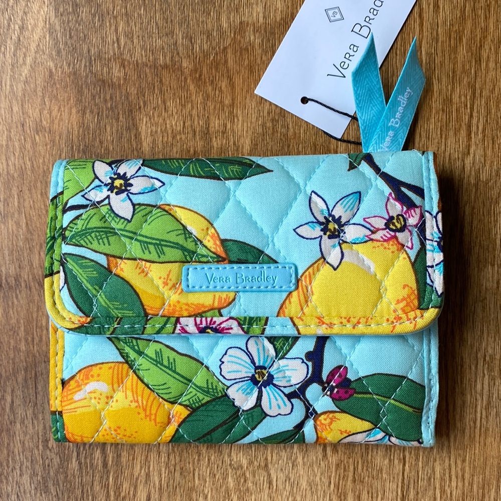 VERA BRADLEY LEMON 🍋 GROVE EURO WALLET NWT blue yellow RFID